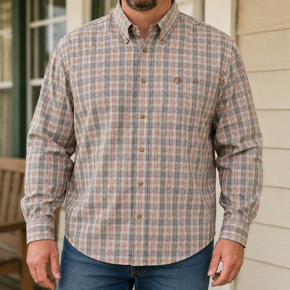 Wrangler George Strait Shirt Mens Large Grey Orange Plaid Western Button Down
